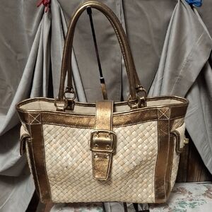 Coach Woven Straw and Metallic Gold Leather Tote